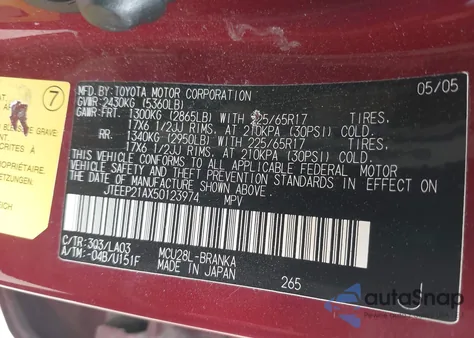 2005 Toyota Highlander Limited V6 z USA, uszkodzony, nr VIN JTEEP21AX50123974